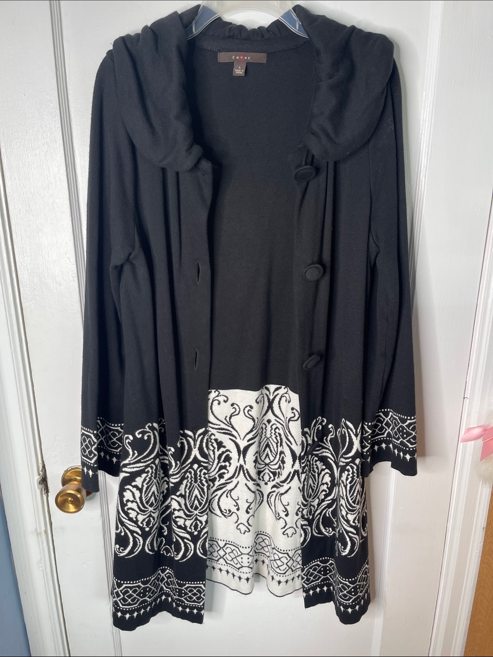 Fever L Cardigan Sweater Duster Long Length Black White Damask Medallion Design